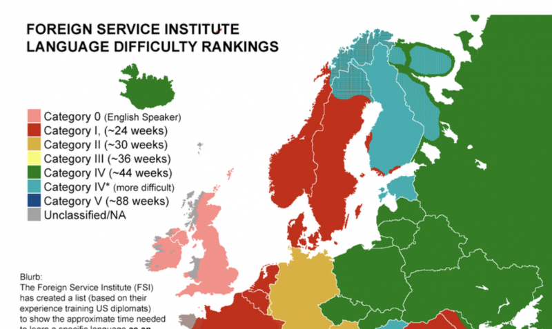 A Map Showing How Much Time It Takes To Learn Foreign Languages From 