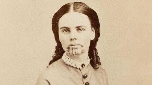 Olive Oatman, 1858. After her family was killed by Yavapais Indians on a trip West in the 1850s, she was adopted and raised by Mohave Indians, who gave her a traditional tribal tattoo. When she was ransomed back, at age nineteen, she became a celebrity. Credit: Arizona Historical Society.