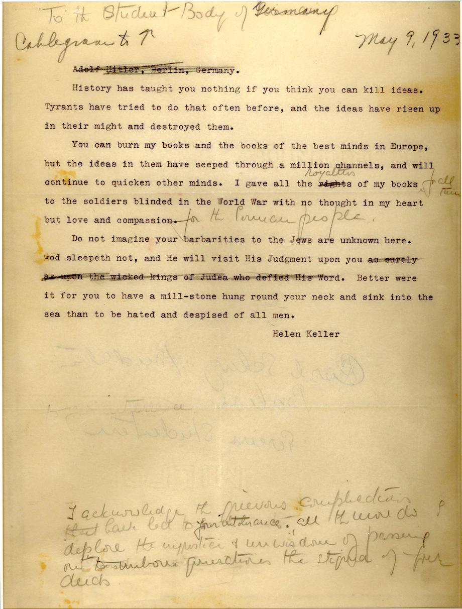 Helen Keller Writes a Letter to Nazi Students Before They Burn Her Book: “History Has Taught You Nothing If You Think You Can Kill Ideas” (1933)