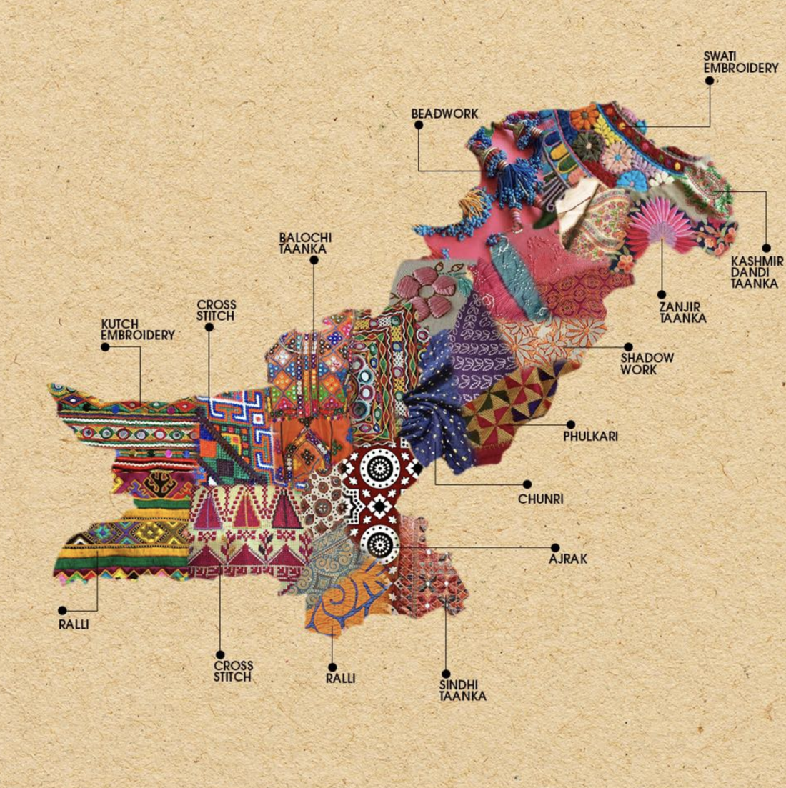 Artistic Maps of Pakistan & India Show the Embroidery Techniques of 