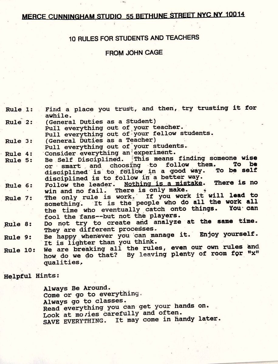 John Cage. 10 Rules for Students and Teachers. 1968