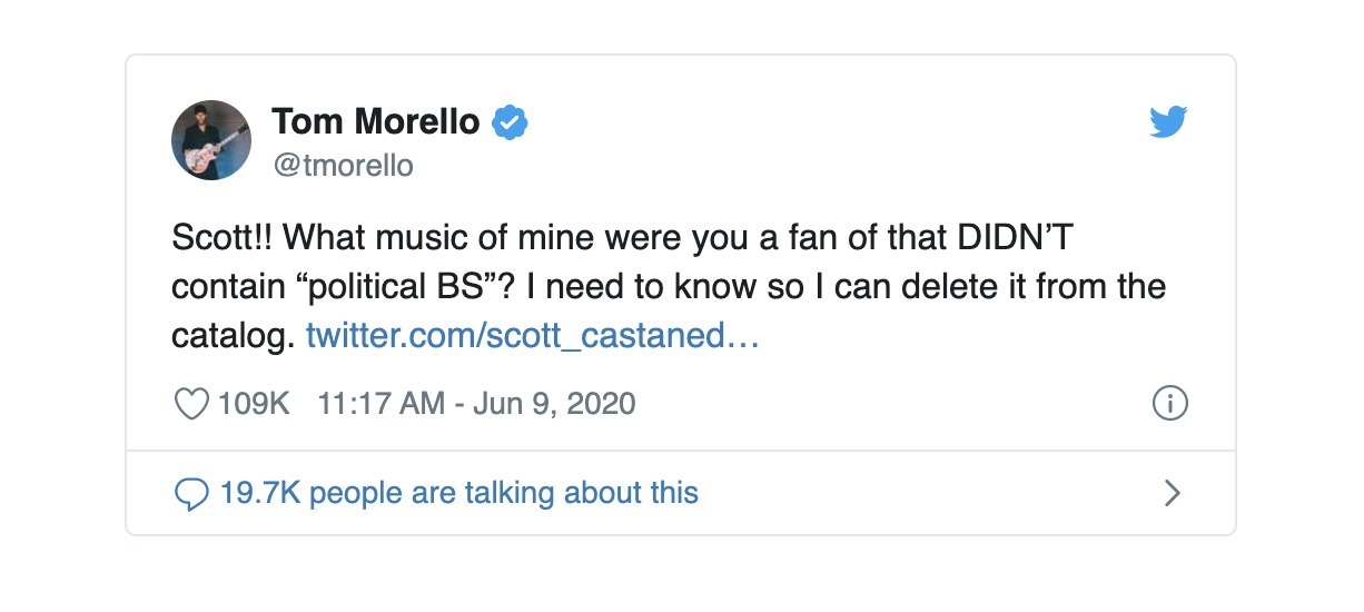 Tom Morello Responds To Angry Fans Who Suddenly Realize That Rage Against The Machine S Music Is Political What Music Of Mine Didn T Contain Political Bs Open Culture