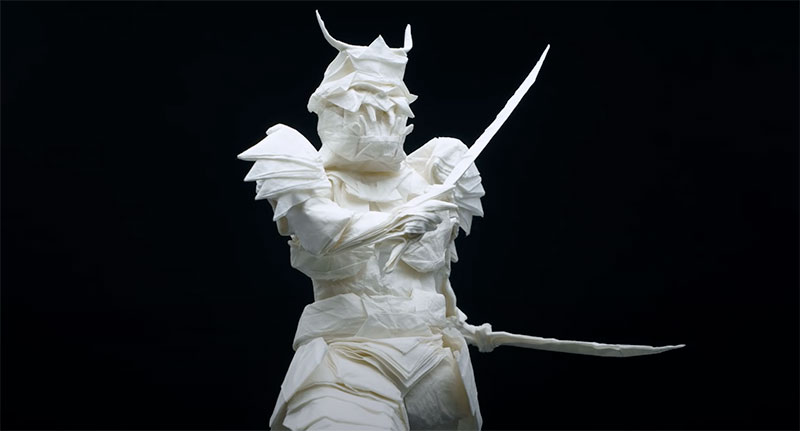 Origami artist Juho Könkkölä spent 50 hours folding an origami samurai from a single square sheet of paper, with no cutting or ripping used in the 