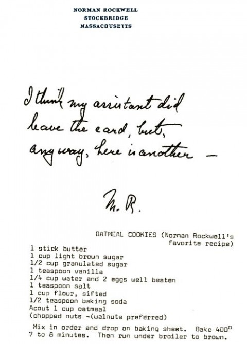 Norman Rockwell's Typewritten Recipe for His Favorite Oatmeal Cookies ...