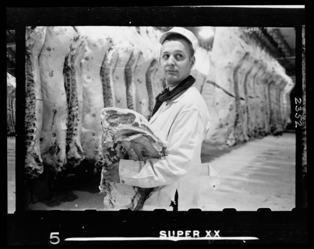 Butcher holding slab of beef in a meat locker