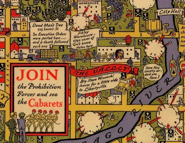 1931 Chicago's gangland comic cartoon map "the evils and sin of large cities" 